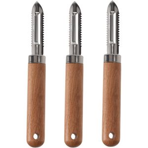 Excellent Houseware Keukengerei fruit aardappel schilmes - 3x - RVS - houten handvat - 18 cm - Beechwood