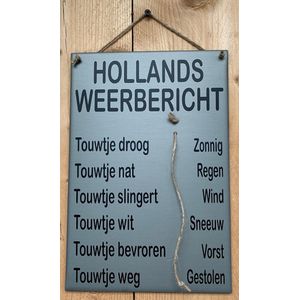 Zinken tekstbord Hollands weerbericht - licht grijs - 20x30 cm. - weerstation - tuin