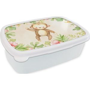 Broodtrommel Wit - Lunchbox - Brooddoos - Aap - Bloemen - Aquarelverf - 18x12x6 cm - Volwassenen