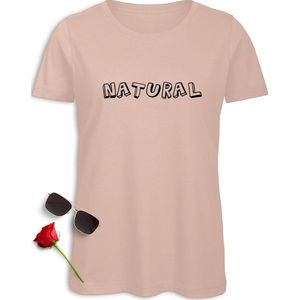 Grappig Dames T Shirt - Vrouwen tshirt met tekst: Natural - t-Shirt maten: S M L XL XXL - Kleuren: Khaki en Pink (Millennial).