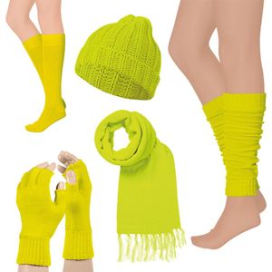 Apollo - Carnaval voordeelpakket Neon Geel - Muts - Sjaal - Vingerloze handschoenen - Beenwarmers - Sokken - 5 stuks -Carnavalskleding heren - Carnavalskleding dames