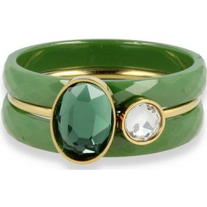 My Bendel Set van groen keramiek met groene zirkonia en kristallen - Mooie ringenset van twee ringen van groene keramiek met een goudkleurige groen witte zirkonia ring - Met luxe cadeauverpakking