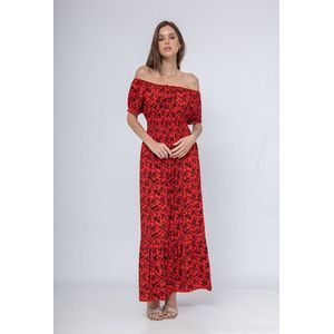 Lange dames jurk Siri gebloemd motief rood zwart Maat L/XL strandjurk