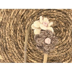 Diadeem wol flower - wollen bloemen - khaki kleur diadeem - bruin/beige