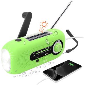 Draagbare noodradio - 2000mAh Zonnesolar dynamo, IPX3 waterdicht, AM/FM, LED zaklamp, SOS-alarm, kleine radio, Geschikt voor nood situaties (Groen)