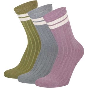 Kindersokken - 3 paar - geribd - stripe - groen - blauw - lila - maat 27/30