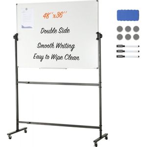 Rollend magnetisch whiteboard 1220 x 915 mm, in hoogte verstelbaar draagbaar whiteboard met standaard, dubbelzijdig whiteboard met wielen, mobiel whiteboard voor kantoor, klaslokaal en thuis