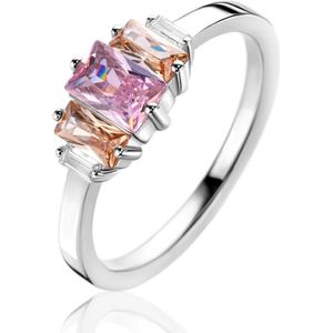 ZINZI zilveren ring, bezet met baguette geslepen zirconia's in de kleuren wit, en roze ZIR2490