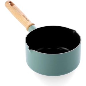 Gezonde keramische anti-aanbak steelpan - 16 cm/16l - Hout geïnspireerde handgreep - PFAS-vrij - Inductiegeschikt - Blauw