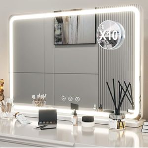 Make-up Spiegel 80x55 cm met Dimbare LED Lampen - Cosmetica Spiegel met 3 Verlichtingsmodi en Geheugenfunctie