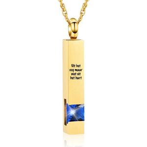 Luxe Ashanger | Met Ketting En Gravering | Uit Het Oog Maar Niet Uit Het Hart | Assieraad | Goudkleurig Met Blauwe Steen | As Ketting | Gedenksieraad | Urn | Incl. As vuller