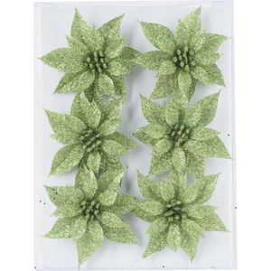 6x stuks decoratie bloemen rozen groen glitter op ijzerdraad 8 cm - Decoratiebloemen/kerstboomversiering/kerstversiering