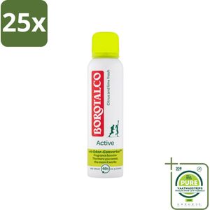 25 x Borotalco - Deodorant Spray - Active - Citrus & Lime Fresh - 0% Alcohol - 150 ml - Grootverpakking - Deodorant - Antitranspirant - Citrusgeur - Limoen - Alcoholvrij