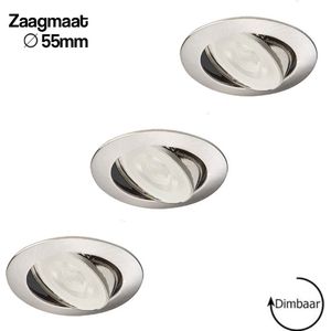 Inbouwspots extra klein - 3-pack - Kantelbaar - Nikkel + Lybardo GU10 LED - 3.6W- Dimbaar - 2700K warm wit - Zaagmaat 55 mm