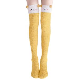 1 paar geel - Koraalfluwelen kniekousen voor dames - wintersokken - kniehoog, comfortabel - warm en schattig - verdikt - warm en comfortabel - lange slaapsokken