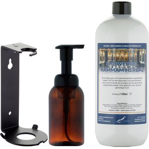 Zeepdispenser 300 ml amber bruin hervulbaar + 1 liter Showergel Hammam Herbal navulling (inclusief beugel)