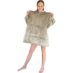 Hoodie deken kind - Fleece kinder poncho - plaid met mouwen en capuchon voor kinderen - oversized hoodie kind - fleece deken met mouwen – hoodie plaid kind - hoodie blanket - zacht & warm - khaki - 134 t/m 164 - Badrock