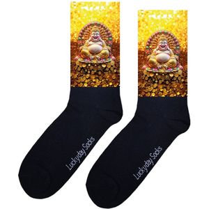 LuckyDay Socks - Budai goud sokken - Verjaardag cadeau vrouw en man - Vrolijke sokken - Valentijns cadeau - Kerst sokken - Grappige sokken - Leuke dames en heren sokken - Moederdag - Vaderdag - Socks maken Happy - Maat 37-44
