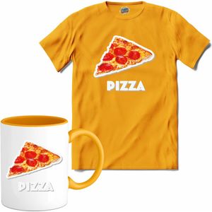 Pizza - grappig verjaardag kleding cadeau - eten teksten - T-Shirt met mok - Heren - Geel - Maat XXL