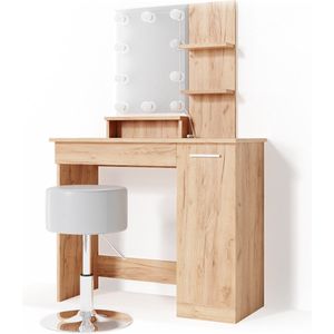 Vicco Make-uptafel set met kruk Julia, Krachtige eik goud, 90 cm met LED-verlichting en kruk