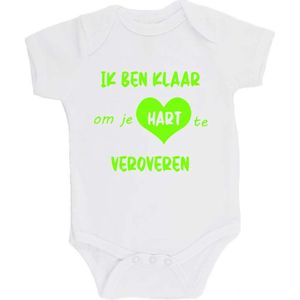 100% katoenen Romper bedrukt met grappige tekst Kado Cadeau Kraamkado Kraamcadeau ""Ik ben klaar om je hart te veroveren"" Unisex Katoen Wit/fluor green Maat 68/74