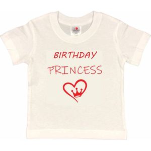 T-shirt Kinderen ""Birthday Princess"" | korte mouw | Wit/rood | maat 158/164 Verjaardag Meisjes Prinses