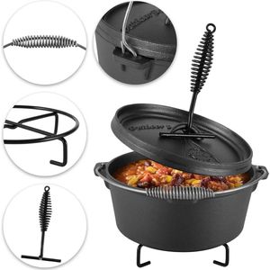 Wildor® Nederlandse Ovenpot Met Deksel - 3.8Liter Gietijzeren pan - 4-8 personen - Incl. deksellifter en standaard - Stoofpot - Fonduepot - Platte bodem - Anti Hitte Spiraalvormig Handvat - Voor binnen en buiten - Braadpannen - Bakpan - Kookpan