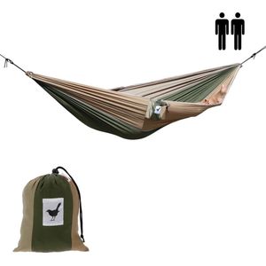 MoreThanHip (Reis)hangmat XXL Camouflage - Bruin/groen - 2 Persoons hangmat van lichtgewicht parachutestof met opbergzak - Ligoppervlak 260 x 210 cm - Lengte 290 cm - voor tuin, camping en vakantie