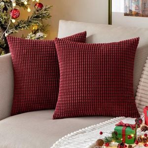 Zachte effen corduroy kussensloop - decoratief en dik - voor sofa, slaapkamer, stoel - wijnrood - 18 x 18 inch 45 x 45 cm - 2 stuks .