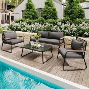 Tuin loungeset, bank-tafelset voor 4 personen met gegalvaniseerd ijzeren frame, gehard glazen tafelblad, verstelbare poten, inclusief alle zit- en rugkussens, zwart