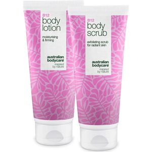 B12-huidverzorgingsset voor droge huid – Exfoliatie & diepwerkende hydratatie — Hydraterende B12 Body Scrub & Lotion voor de droge en gevoelige huid.