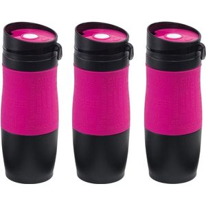 3x Thermosbekers/warmhoudbekers roze/zwart 380 ml - Thermo koffie/thee isoleerbekers dubbelwandig met schroefdop