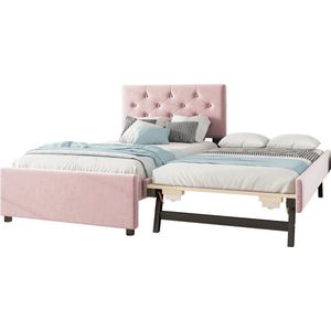 Merax Gestoffeerd Bed 90x200 cm met Lattenbodem (zonder Matras) en Rollcontainer - Fluweel - Minimalistisch - Roze