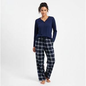 La-V pyjamaset voor dames met geruite flanel broek en V hals met knoopjes - Donkerblauw L