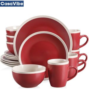 CasaVibe Luxe Serviesset – 16 delig – 4 persoons – Porselein - Bordenset – Dinner platen – Dessertborden - Kommen - Mokken - Set - Rood - Wit