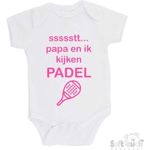 100% katoenen Romper ""ssssstt.. Papa en ik kijken Padel"" Padellen Meisjes Katoen Wit/roze Maat 68/74