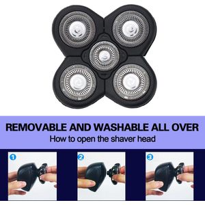 Vervangende scheerkop met 5 mesjes, geschikt voor kale hoofden, eenvoudig te reinigen elektrisch scheerapparaat