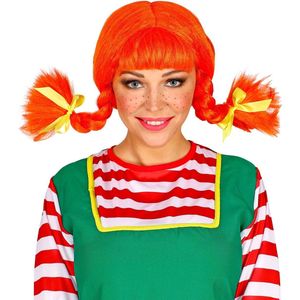 Widmann - Pippi Langkous Kostuum - Pippi Langkous Pruik Met Buigbare Staarten - Rood - Carnavalskleding - Verkleedkleding