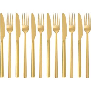 12 stuks 18/8 bestekset van roestvrij staal, 6 × tafelmessen - 6 × vork, onderhoudsvriendelijk en vaatwasmachinebestendig (goud)