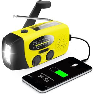 Radio - Noodradio - Draagbare Survival Radio - 2000 mAh - Radio Met Accu Batterij Voor Noodsituaties - Noodpakket - Powerbank - Solar - Zaklamp - Noodradio Op Batterijen - Geel - Voor Rampen/Camping