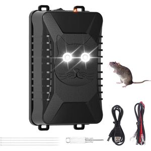 Ultrasone Martenverjager met Flitslicht - Batterij- en Auto-Aangedreven - Effectieve Muizen- en Ratverjager voor Auto, Garage en Tuin - Bereik tot 50 m² - Hittebestendig en Automatische Energiebesparing