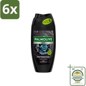 Palmolive Men 3-in-1 Body Face Hair Refreshing Etherische Eucalyptusolie Zeezoutextract 250 ml - Voordeelverpakking - 6 stuks - Verfrissend - Verzorgend