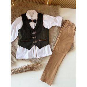 Jongens kostuum- vierdelige jongens pakken - kinderpak jongens- kinderkostuum-set 4 delig-hemd broek vest en vlinderdas- in bruin kaki kleur-speciale gelegenheden-bruidsjonkers-bruiloft-feest-communie-verjaardag-fotoshoot-8 jaar