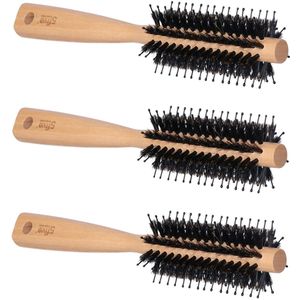 Haarborstel - 3x - rond - naturel met varkenshaar en kunststof pinnen - 24 cm - hout - Persoonlijke verzorging artikelen