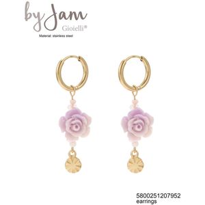ByJam Oorbellen - Set van 2 - Roestvrij Staal en Hypoallergeen - Unieke Vormgeving - Goud met Roze en Paars - Hoogte 3,3 cm