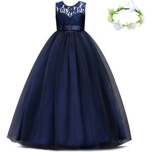 Joya Kids® Communie jurk Meisje Donker Blauw | Bruidsmeisjes jurk | Prinsessen jurk | Feestjurk + bloemenkrans | Maat 150 (146/152)