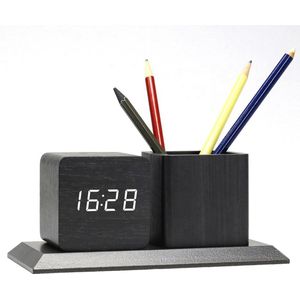 Houten Wekkerradio Met Penhouder - Desk Organizer Voor Thuis & Kantoor - 3 Alarm Instellingen - Dimbaar