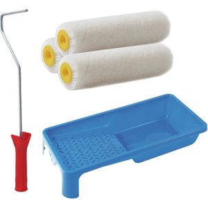 Sorex pluisvrije verfrollers schilderen set - met beugel en verfbak - 3x anti spat vacht rollers - pluisvrij - breedte 10 cm - dikte 2.5 cm