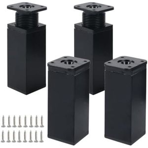 PolkaHome 4 stuks verstelbare meubelpoten voor kasten, bedden, banken en tafels - Zwarte metalen poten met antislip basis - Verstelbare hoogte 10 cm
