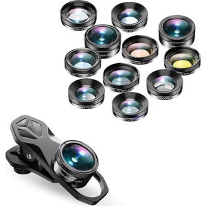 DrPhone APEX11 PRO - 11 in 1 Telefoon Camera Lenzen – Professioneel Fotografie – HD Lenzen - Groothoek / Macro / Fish Eye / CPL / ND32 / StarFilter / Kaleidoscope  Lens Loep / Kleuren Filters art